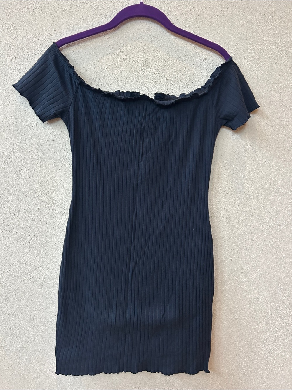 Off-Shoulder Ribbed Knit Mini Dress Navy - Picture 3 of 6